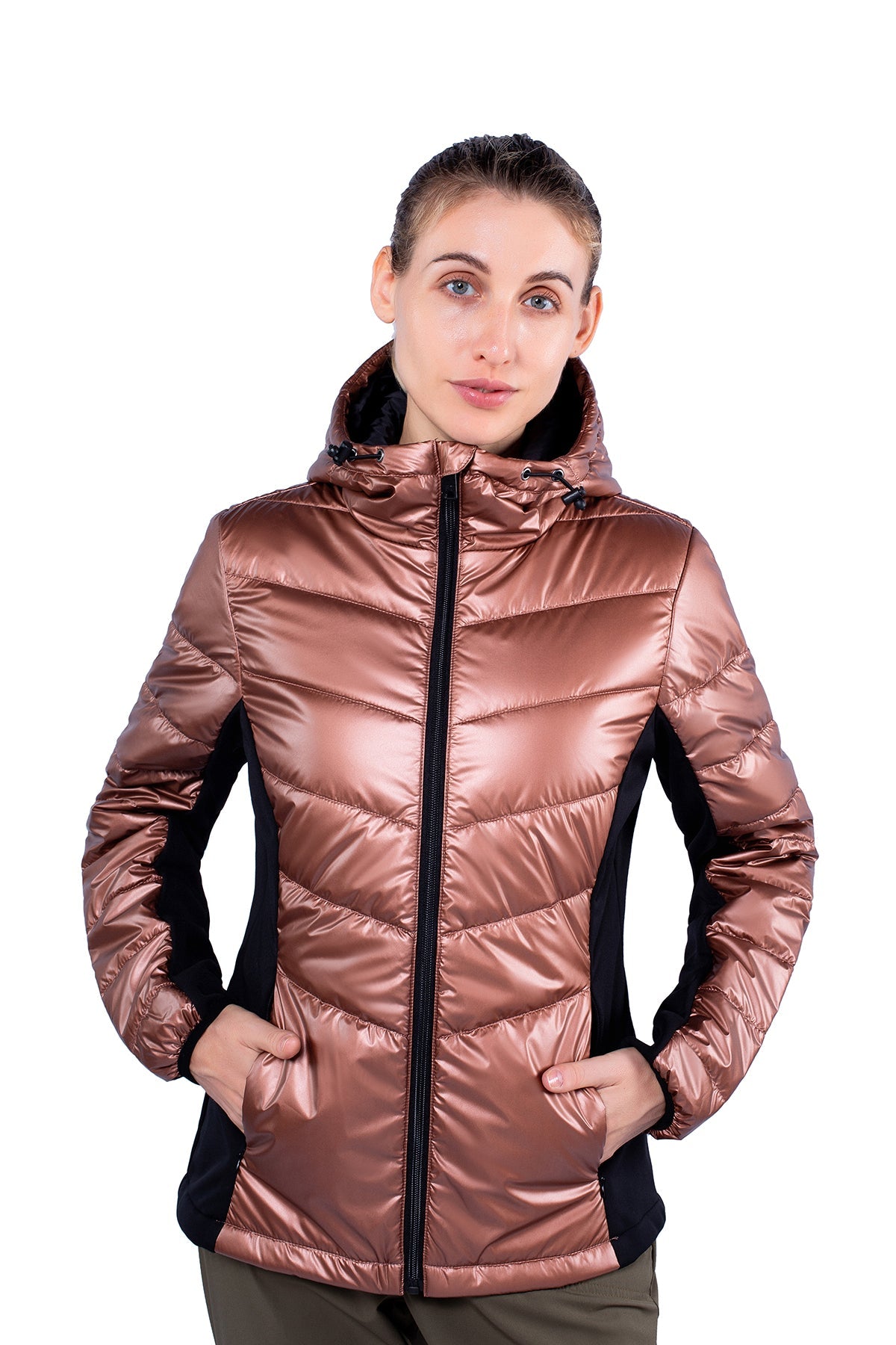 Freetrack Women Winter Light Coats Insulated Double Zipper Hooded Puffer Jacket