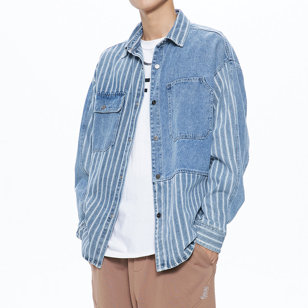 Men's Stitching Striped Button Up Denim Shirts with Pocket