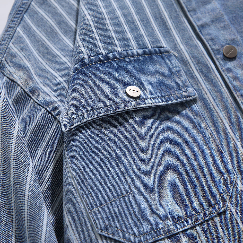 Men's Stitching Striped Button Up Denim Shirts with Pocket